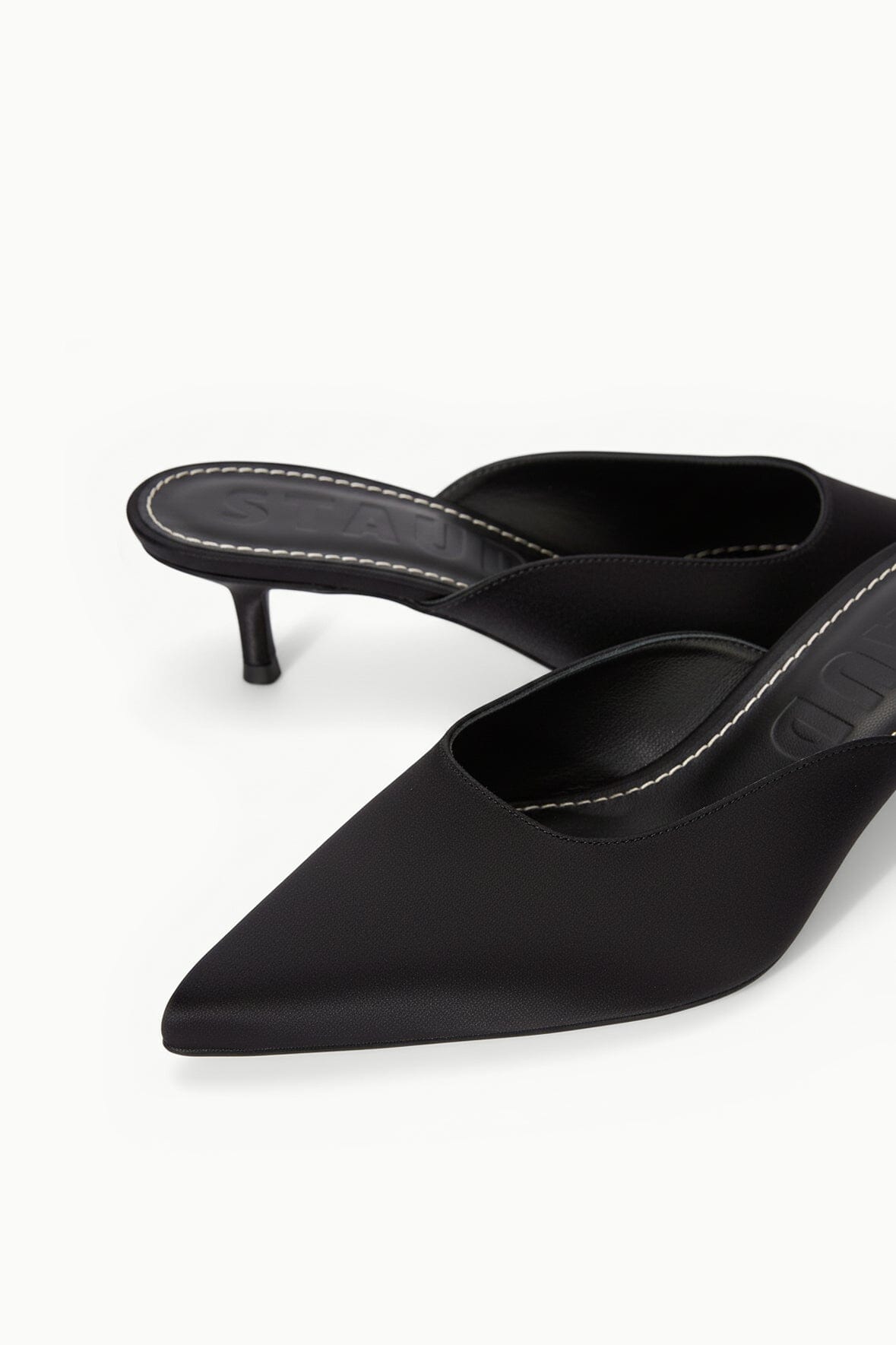STAUD Sale Sebastian Kitten Heel Mule Black Satin