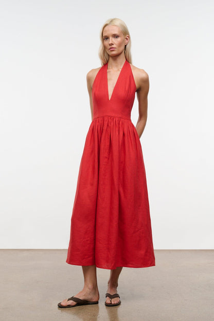 STAUD Clothing|Dresses|New In Grazia Linen Dress Tomato