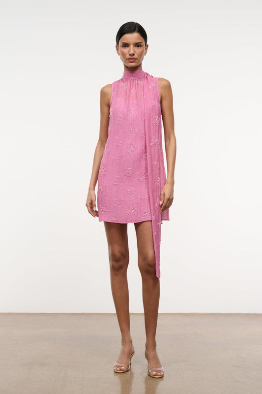 STAUD Dresses|Clothing Albee Mini Dress In Beaded Pink Organza With Neck Tie Detail