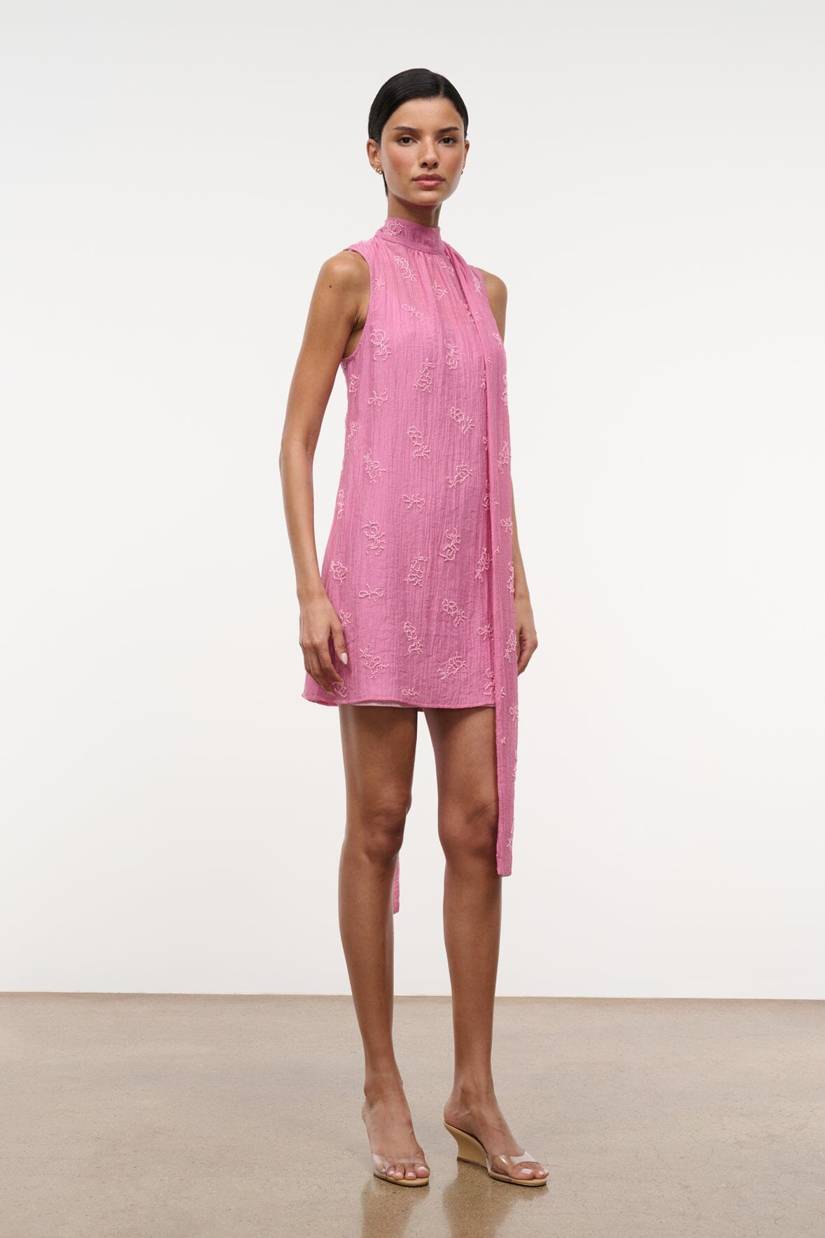 STAUD Dresses|Clothing Albee Mini Dress In Beaded Pink Organza With Neck Tie Detail