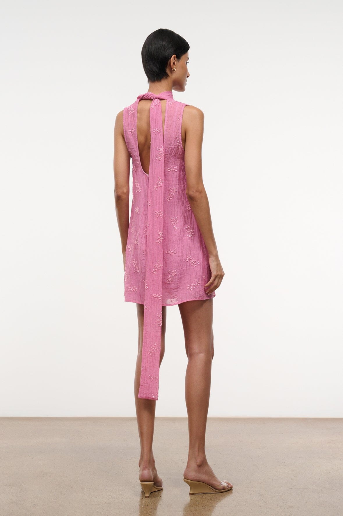 STAUD Dresses|Clothing Albee Mini Dress In Beaded Pink Organza With Neck Tie Detail