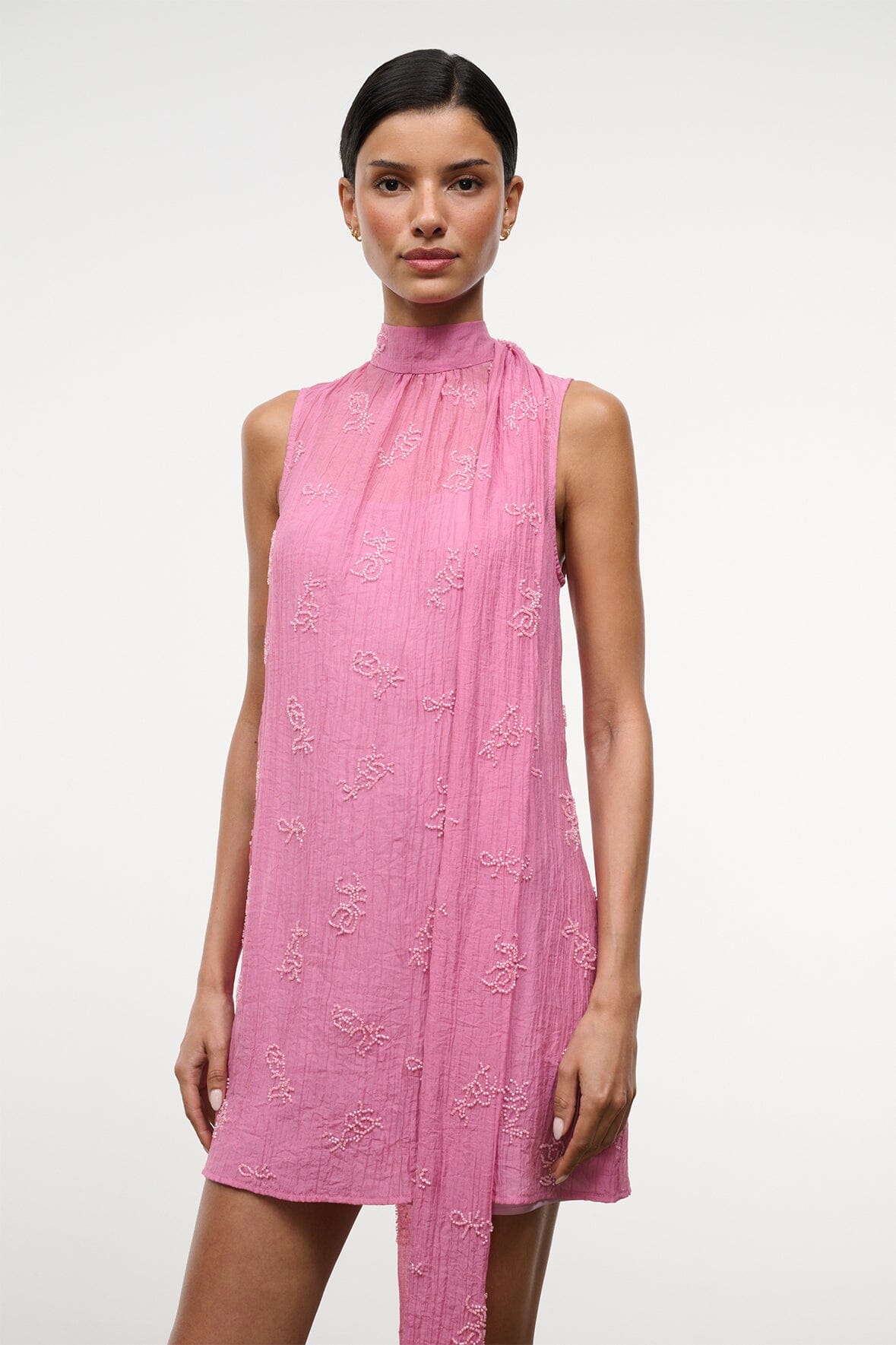 STAUD Dresses|Clothing Albee Mini Dress In Beaded Pink Organza With Neck Tie Detail