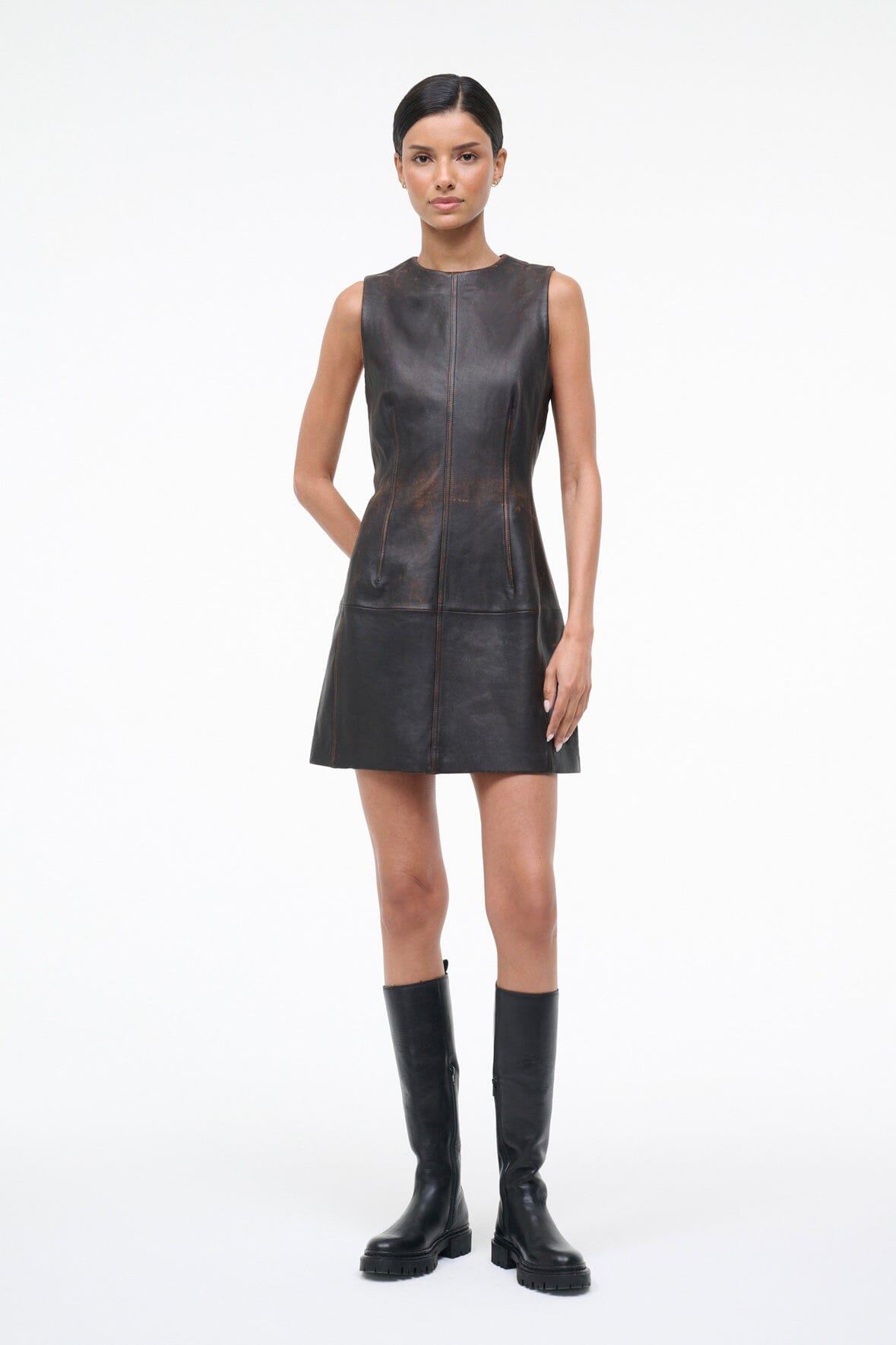 STAUD Sale Binx Leather Dress Distressed Brown