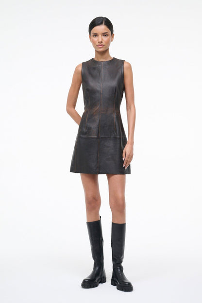STAUD Sale Binx Leather Dress Distressed Brown