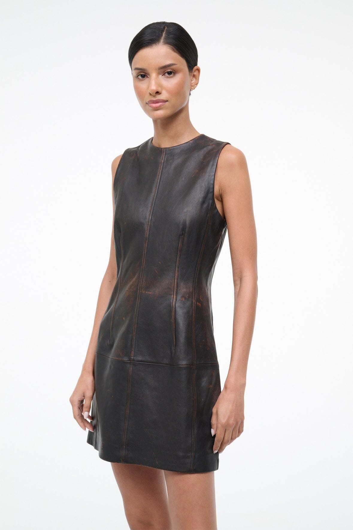 STAUD Sale Binx Leather Dress Distressed Brown
