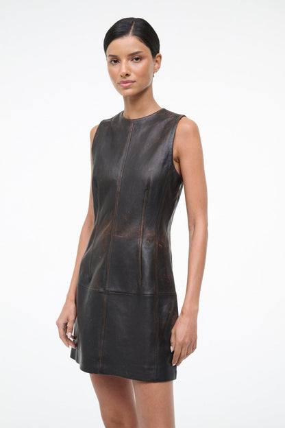 STAUD Sale Binx Leather Dress Distressed Brown