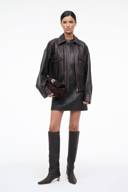 STAUD Sale Binx Leather Dress Distressed Brown