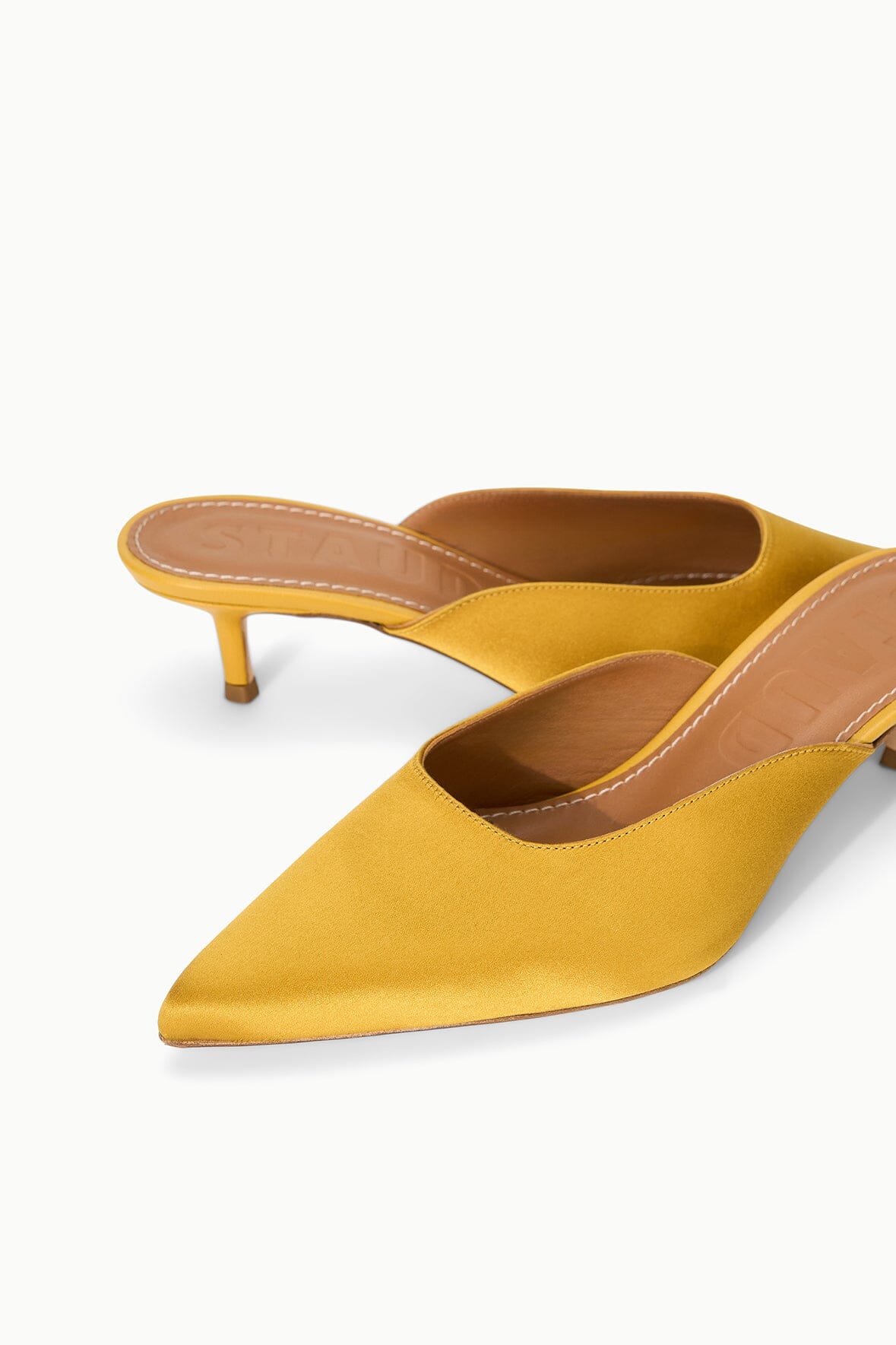 STAUD Sale Sebastian Kitten Heel Mule Goldenrod Satin