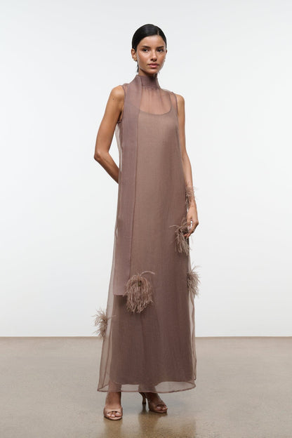 STAUD Dresses|Clothing Albee Dress In Truffle - Sheer Organza With Feather Details