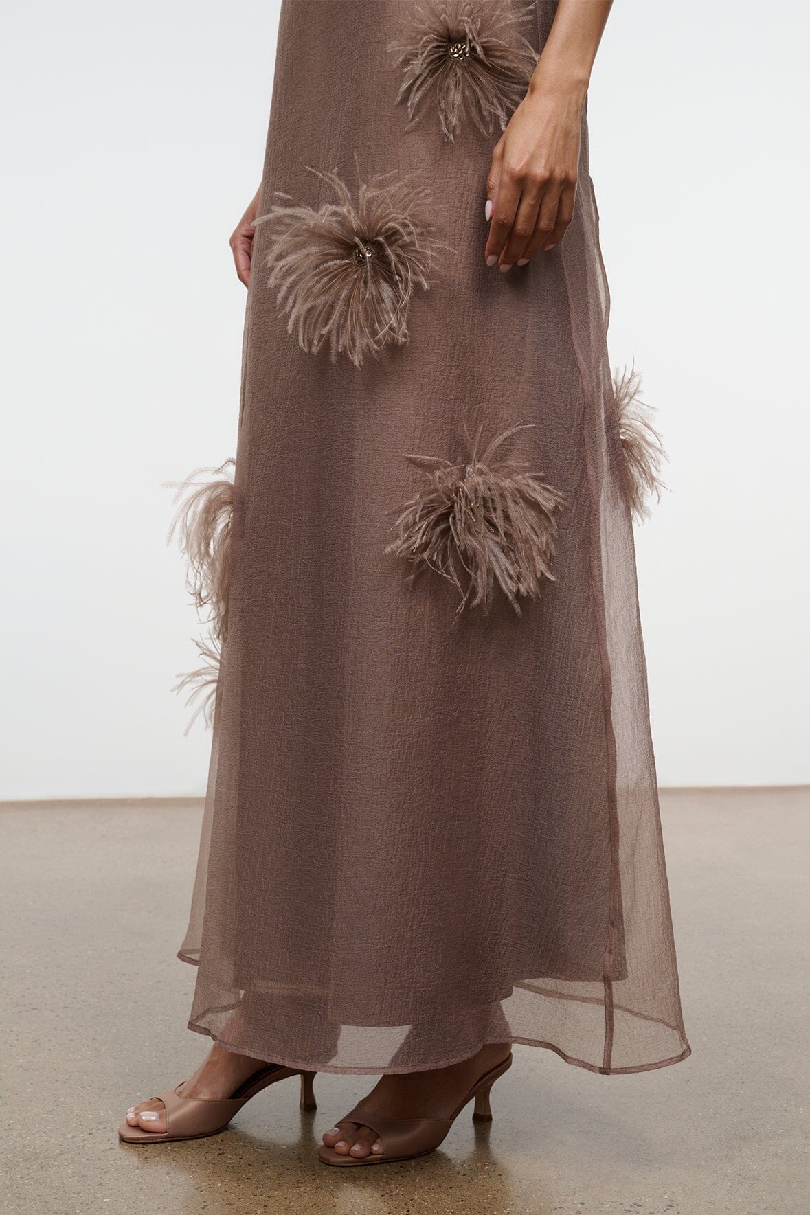 STAUD Dresses|Clothing Albee Dress In Truffle - Sheer Organza With Feather Details