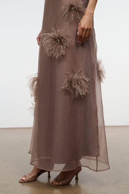 STAUD Dresses|Clothing Albee Dress In Truffle - Sheer Organza With Feather Details
