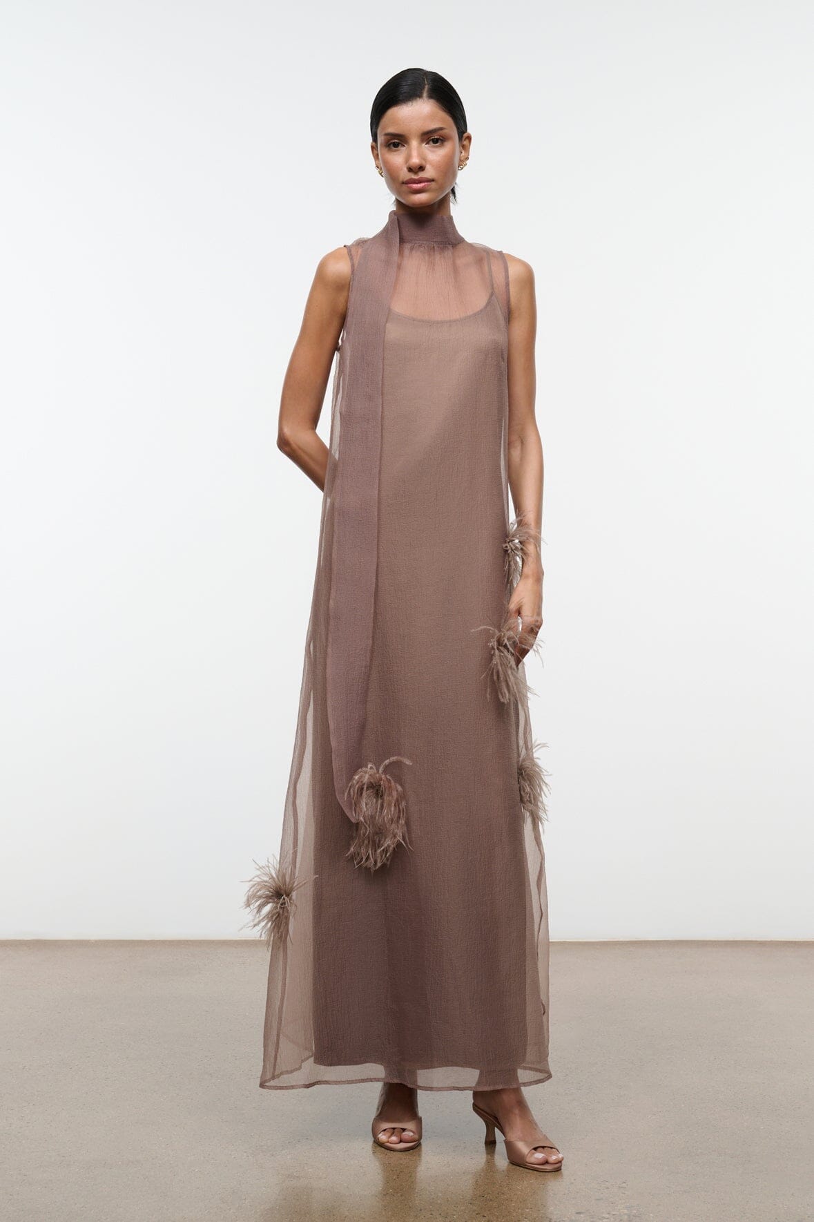 STAUD Dresses|Clothing Albee Dress In Truffle - Sheer Organza With Feather Details