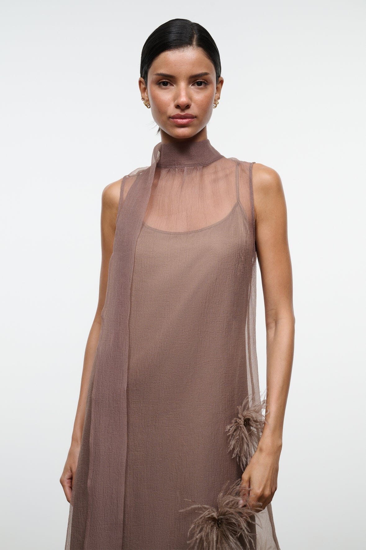 STAUD Dresses|Clothing Albee Dress In Truffle - Sheer Organza With Feather Details