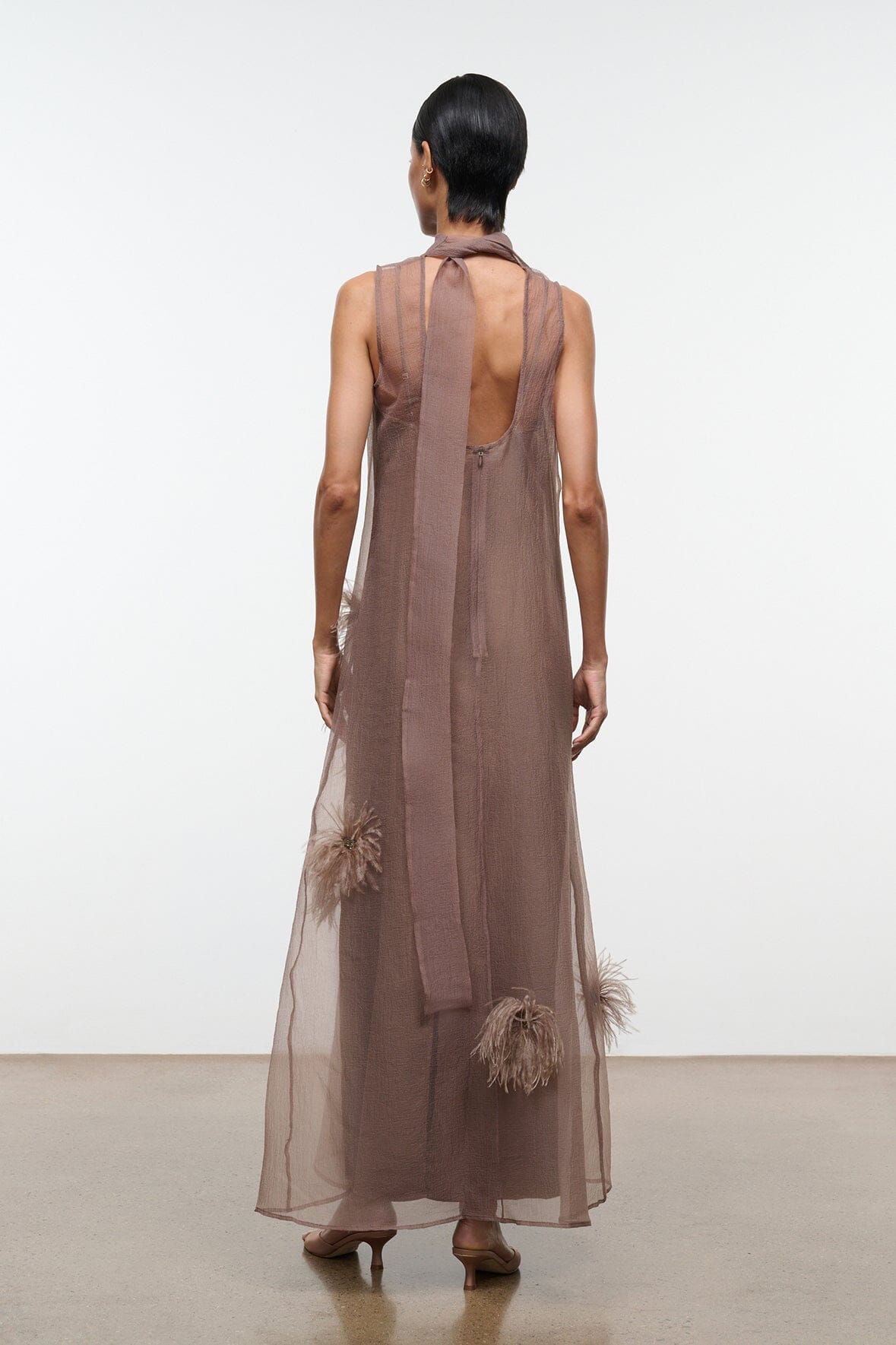 STAUD Dresses|Clothing Albee Dress In Truffle - Sheer Organza With Feather Details