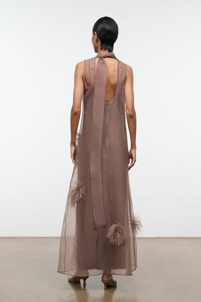 STAUD Dresses|Clothing Albee Dress In Truffle - Sheer Organza With Feather Details