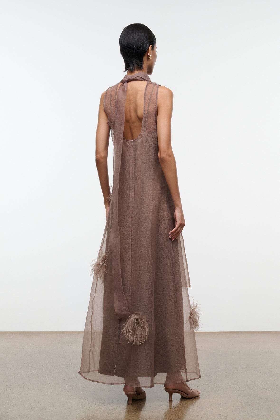 STAUD Dresses|Clothing Albee Dress In Truffle - Sheer Organza With Feather Details
