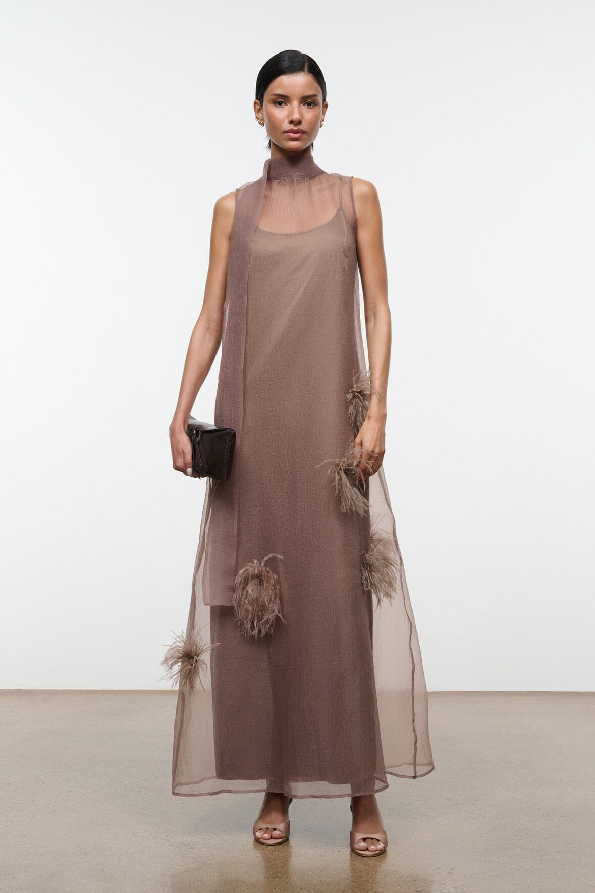 STAUD Dresses|Clothing Albee Dress In Truffle - Sheer Organza With Feather Details