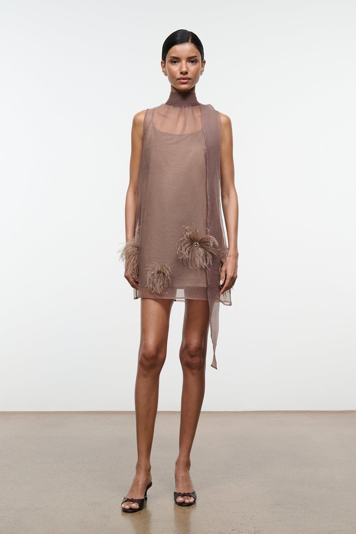 STAUD Dresses|Clothing Albee Mini Dress In Truffle - Sheer Organza Overlay