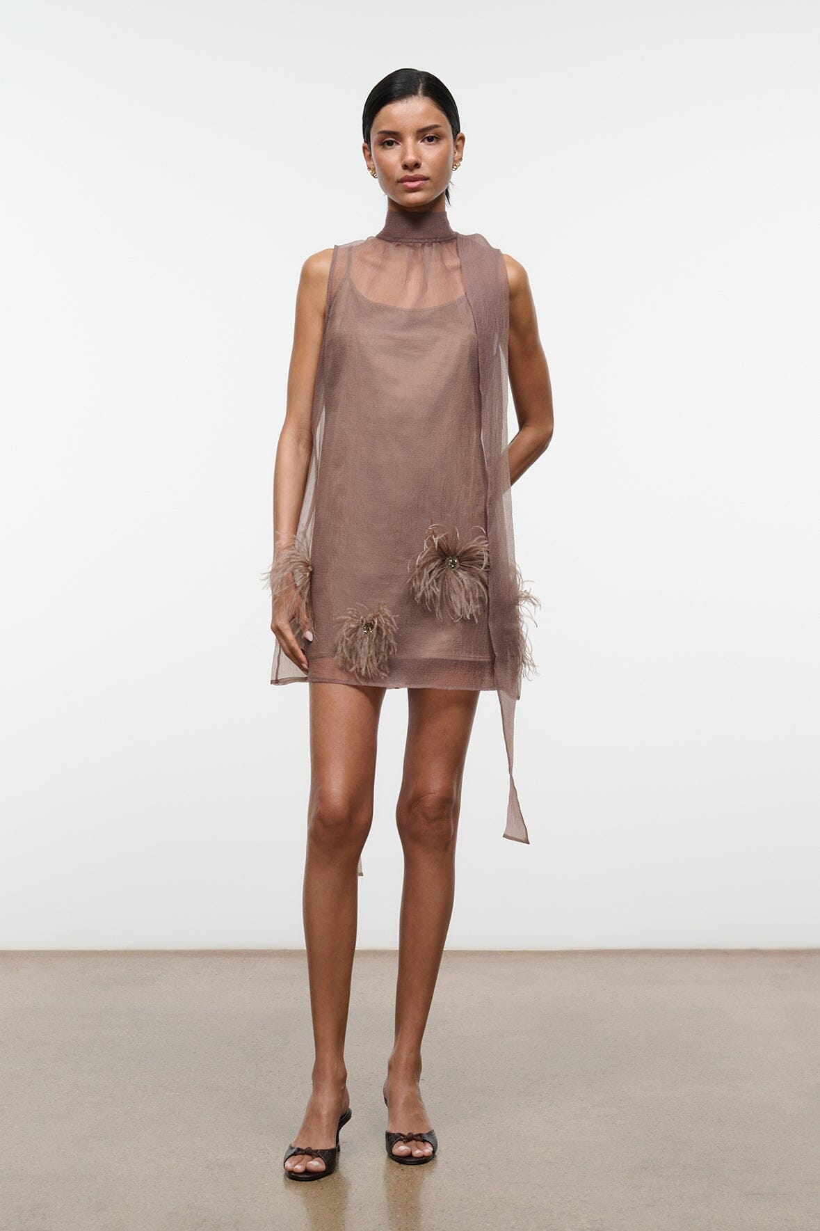 STAUD Dresses|Clothing Albee Mini Dress In Truffle - Sheer Organza Overlay