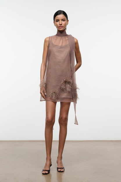STAUD Dresses|Clothing Albee Mini Dress In Truffle - Sheer Organza Overlay
