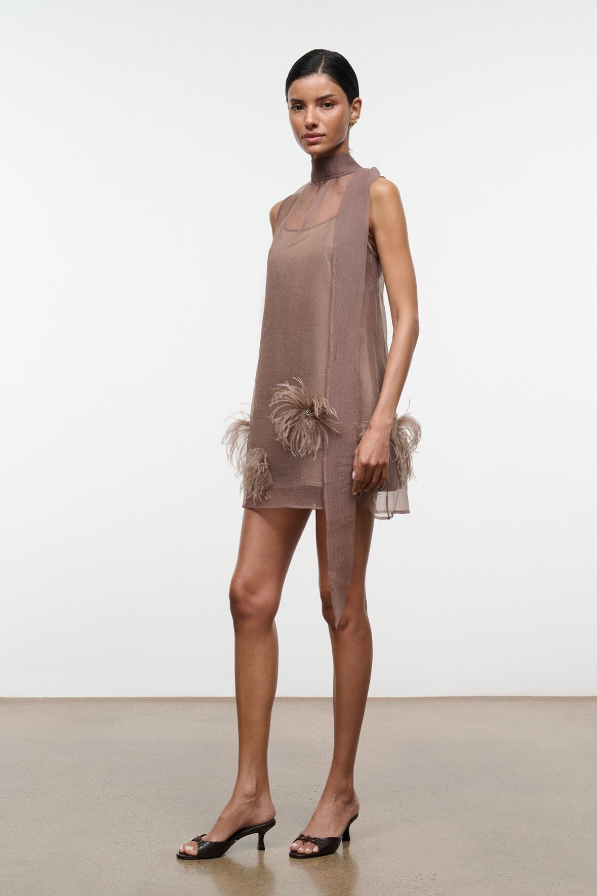 STAUD Dresses|Clothing Albee Mini Dress In Truffle - Sheer Organza Overlay