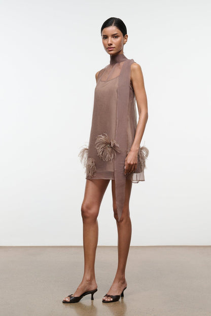 STAUD Dresses|Clothing Albee Mini Dress In Truffle - Sheer Organza Overlay