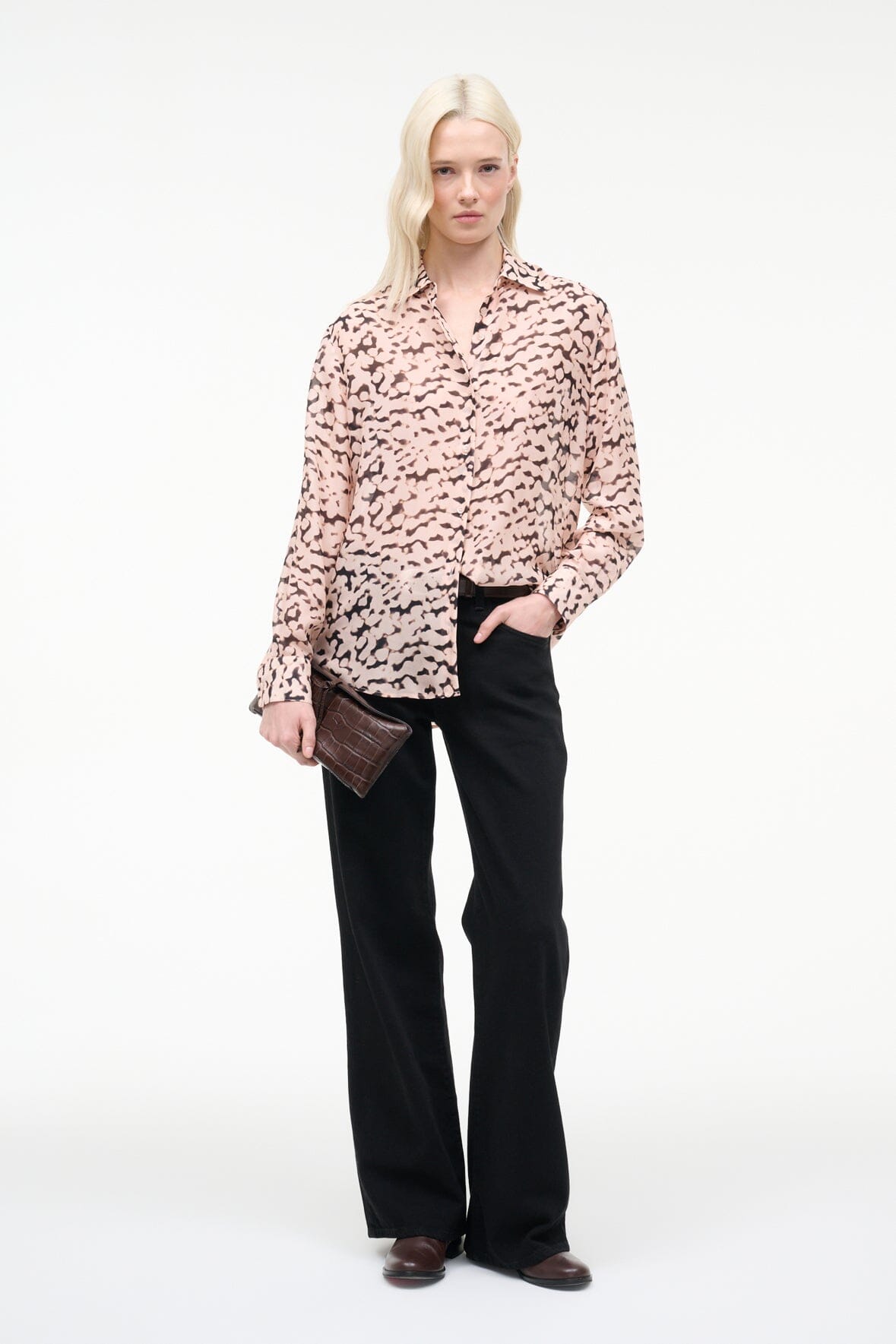 STAUD Sale Roxbury Silk Shirt Almond Black