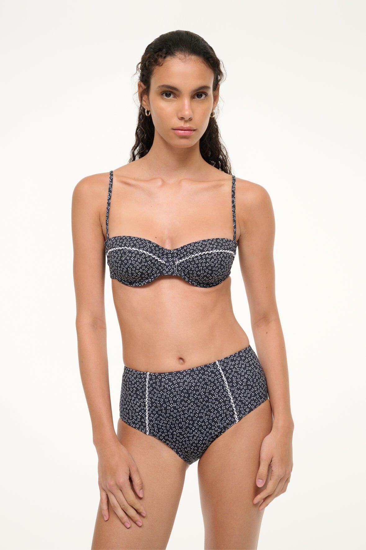 STAUD Sale Jo Balconette Bikini Top Black Woodblock Ditsy Floral