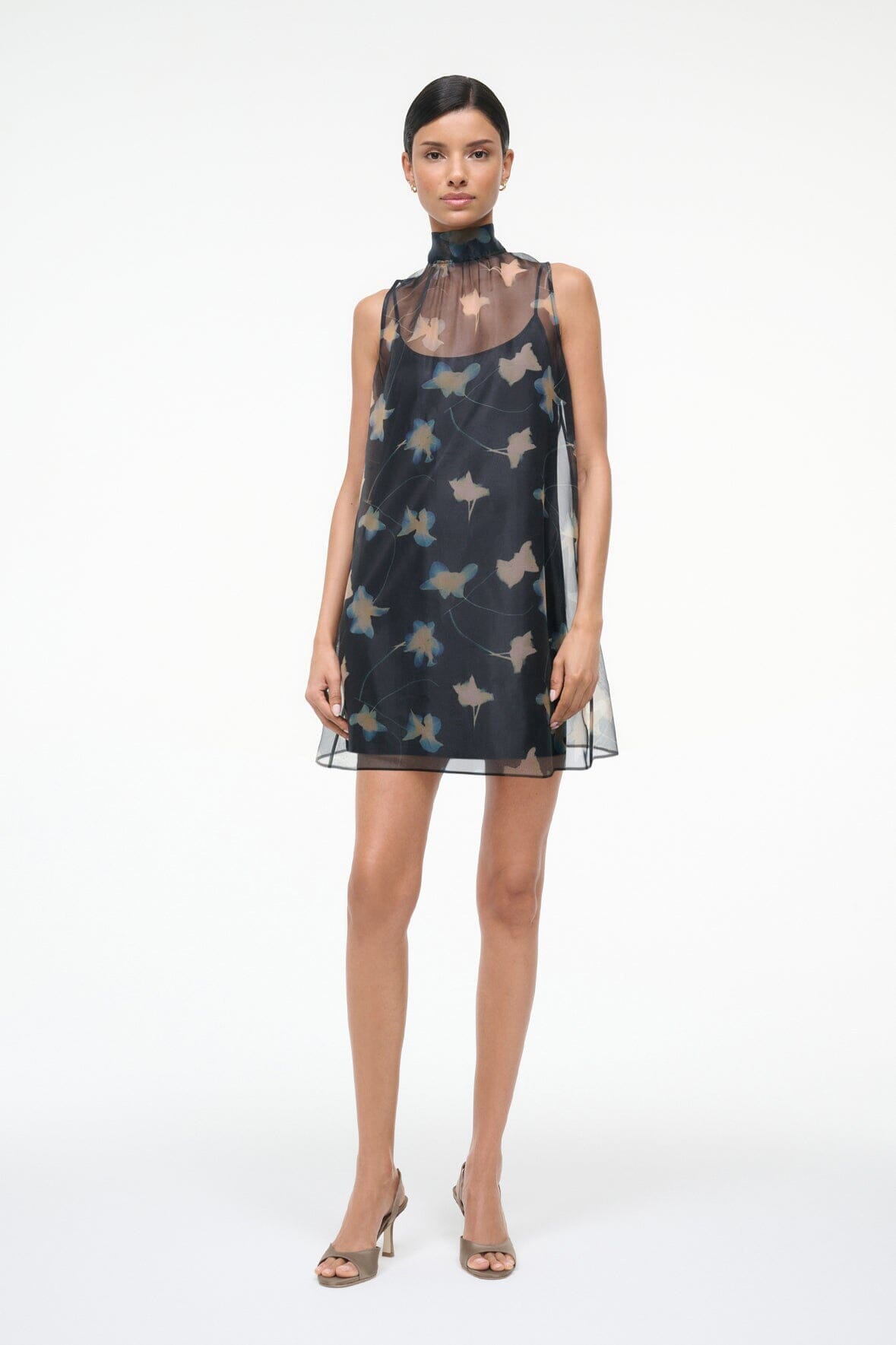 STAUD Dresses|Clothing Albee Mini Dress - Dark Floral Sheer Organza With High Neck