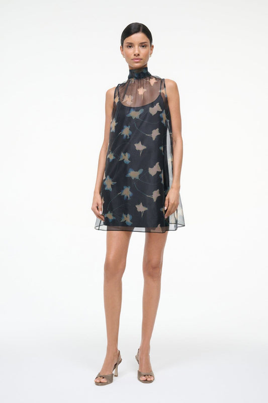 STAUD Dresses|Clothing Albee Mini Dress - Dark Floral Sheer Organza With High Neck