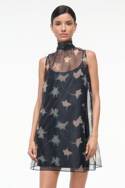 STAUD Dresses|Clothing Albee Mini Dress - Dark Floral Sheer Organza With High Neck