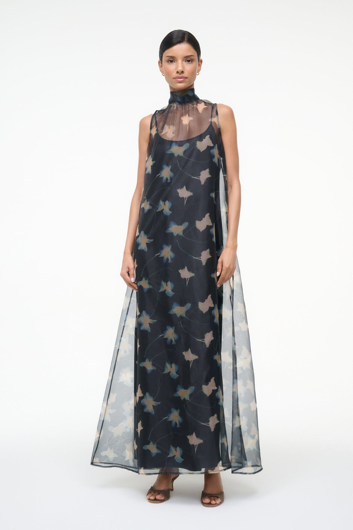 STAUD Dresses|Clothing Albee Dress - Sheer Dark Floral Organza With High Neck