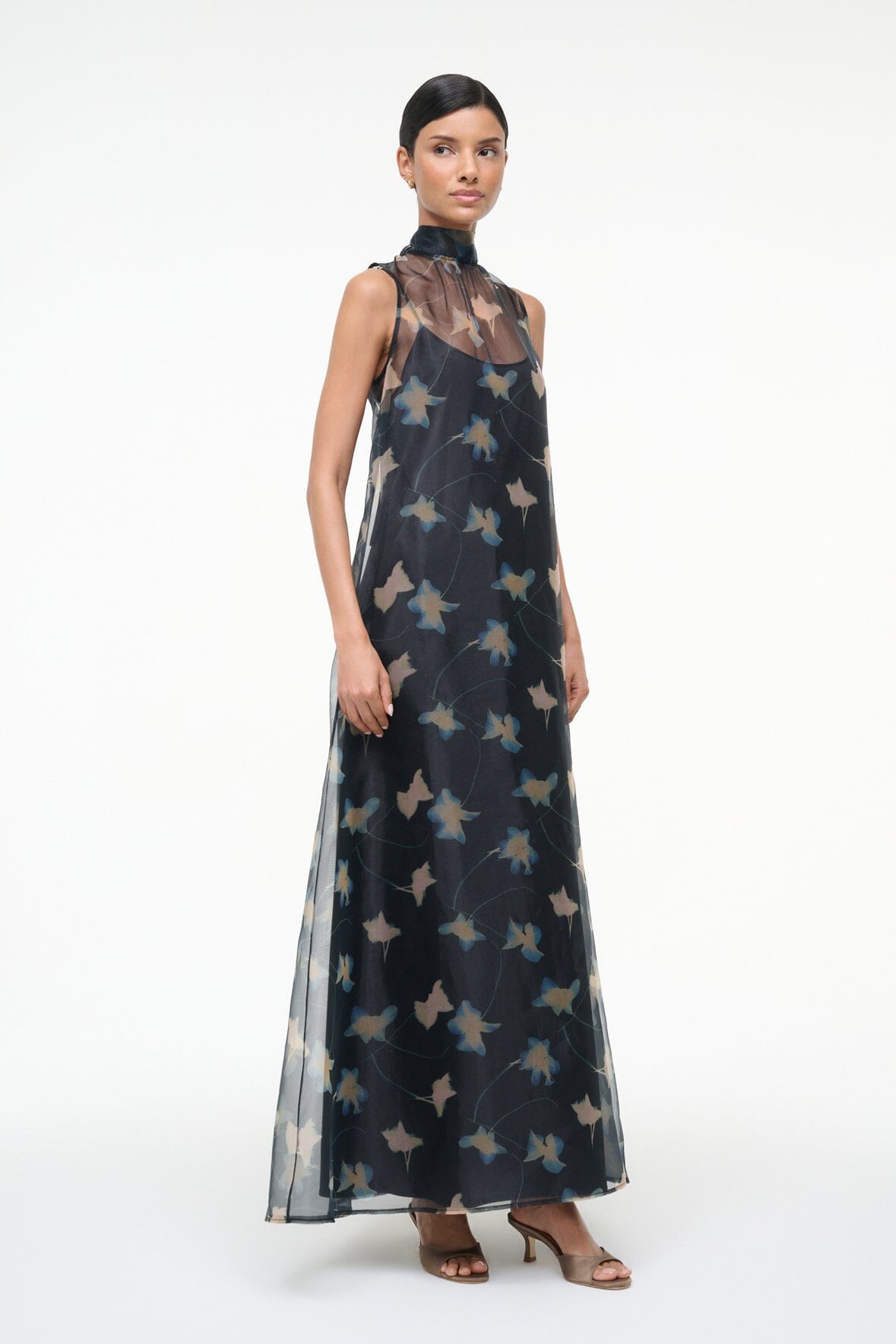 STAUD Dresses|Clothing Albee Dress - Sheer Dark Floral Organza With High Neck