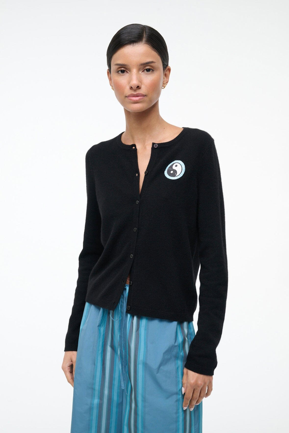 STAUD Sale Midnight Cashmere Cardigan Black Patchwork
