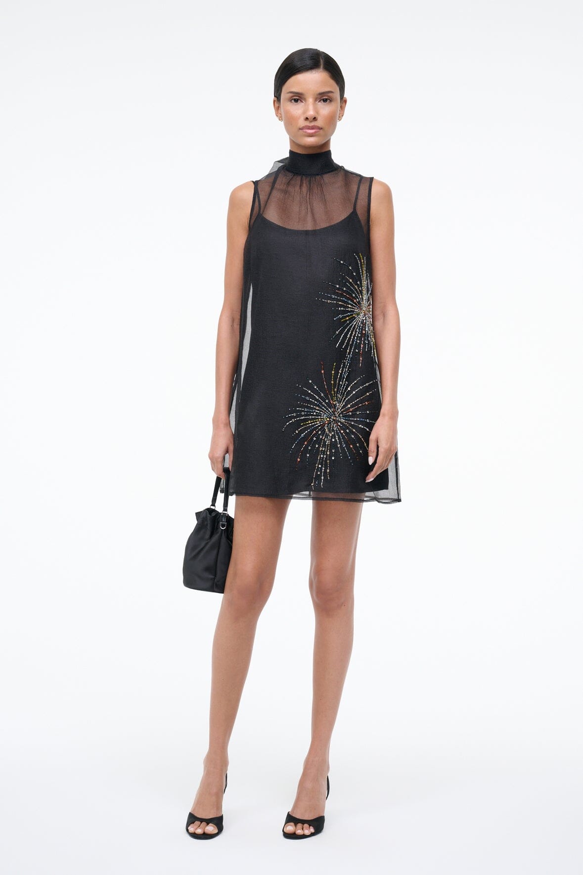 STAUD Sale Albee Mini Dress In Sheer Black Beaded Organza