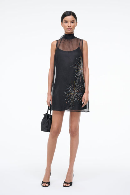 STAUD Sale Albee Mini Dress In Sheer Black Beaded Organza