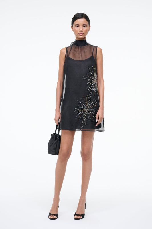 STAUD Sale Albee Mini Dress In Sheer Black Beaded Organza