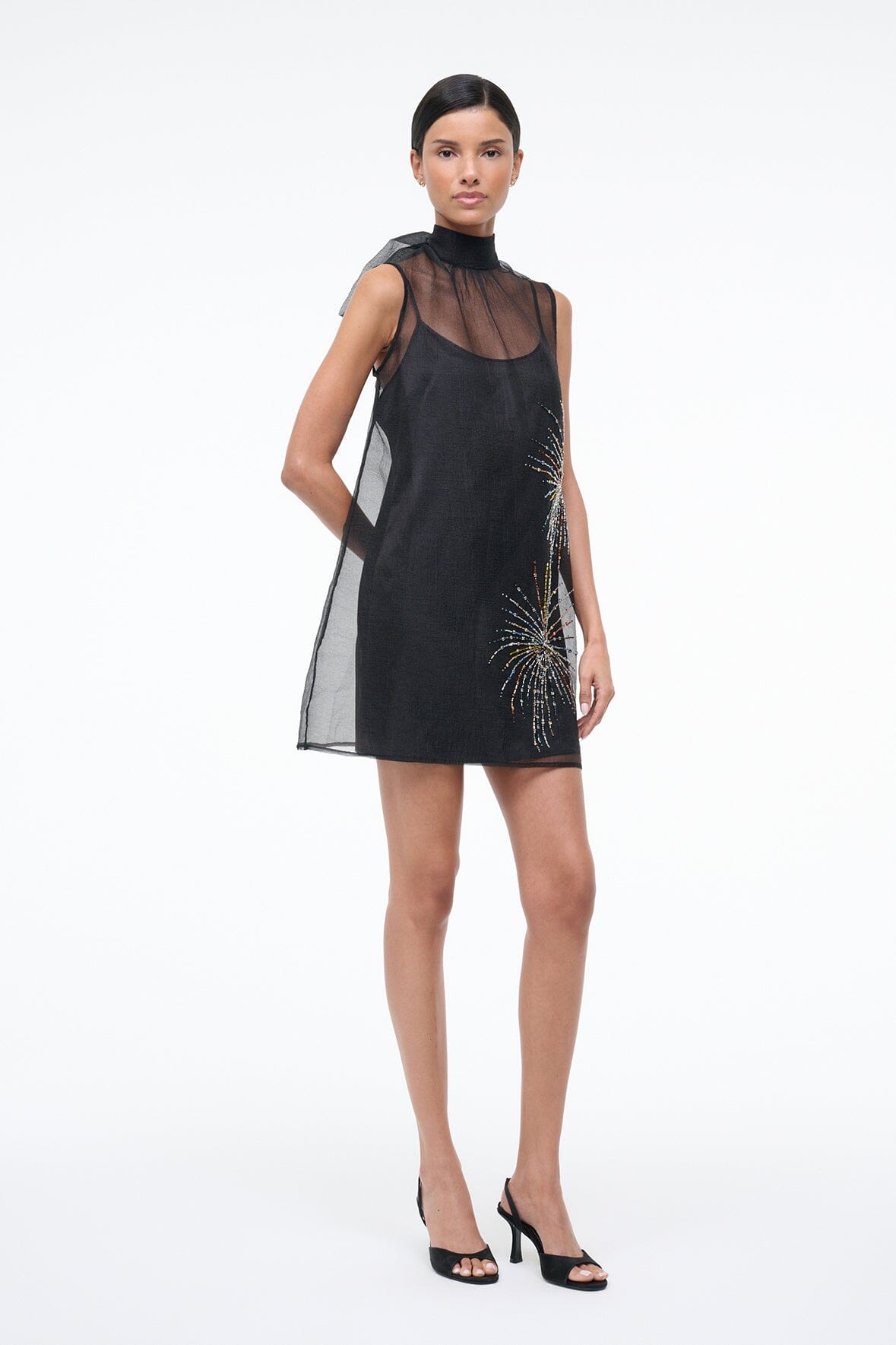 STAUD Sale Albee Mini Dress In Sheer Black Beaded Organza