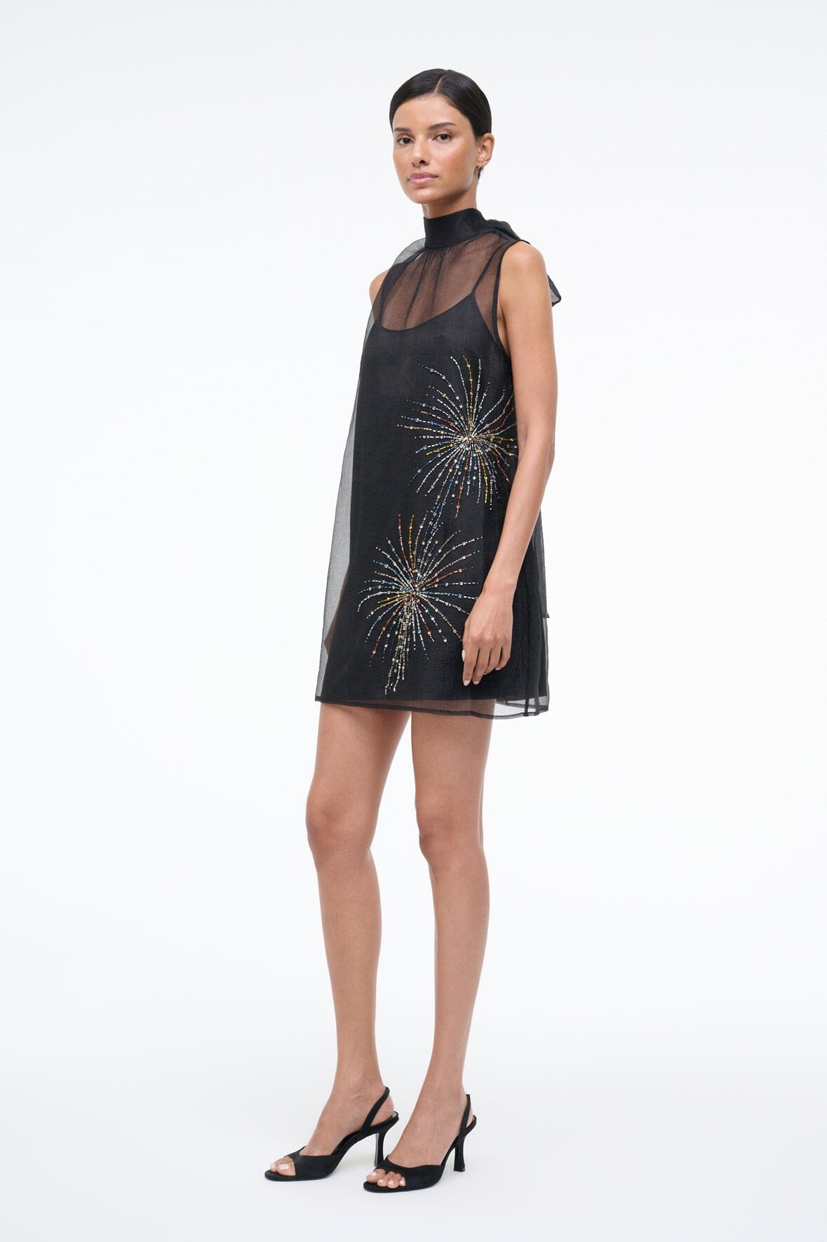 STAUD Sale Albee Mini Dress In Sheer Black Beaded Organza