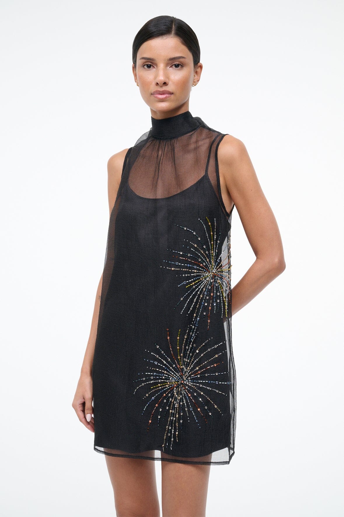 STAUD Sale Albee Mini Dress In Sheer Black Beaded Organza