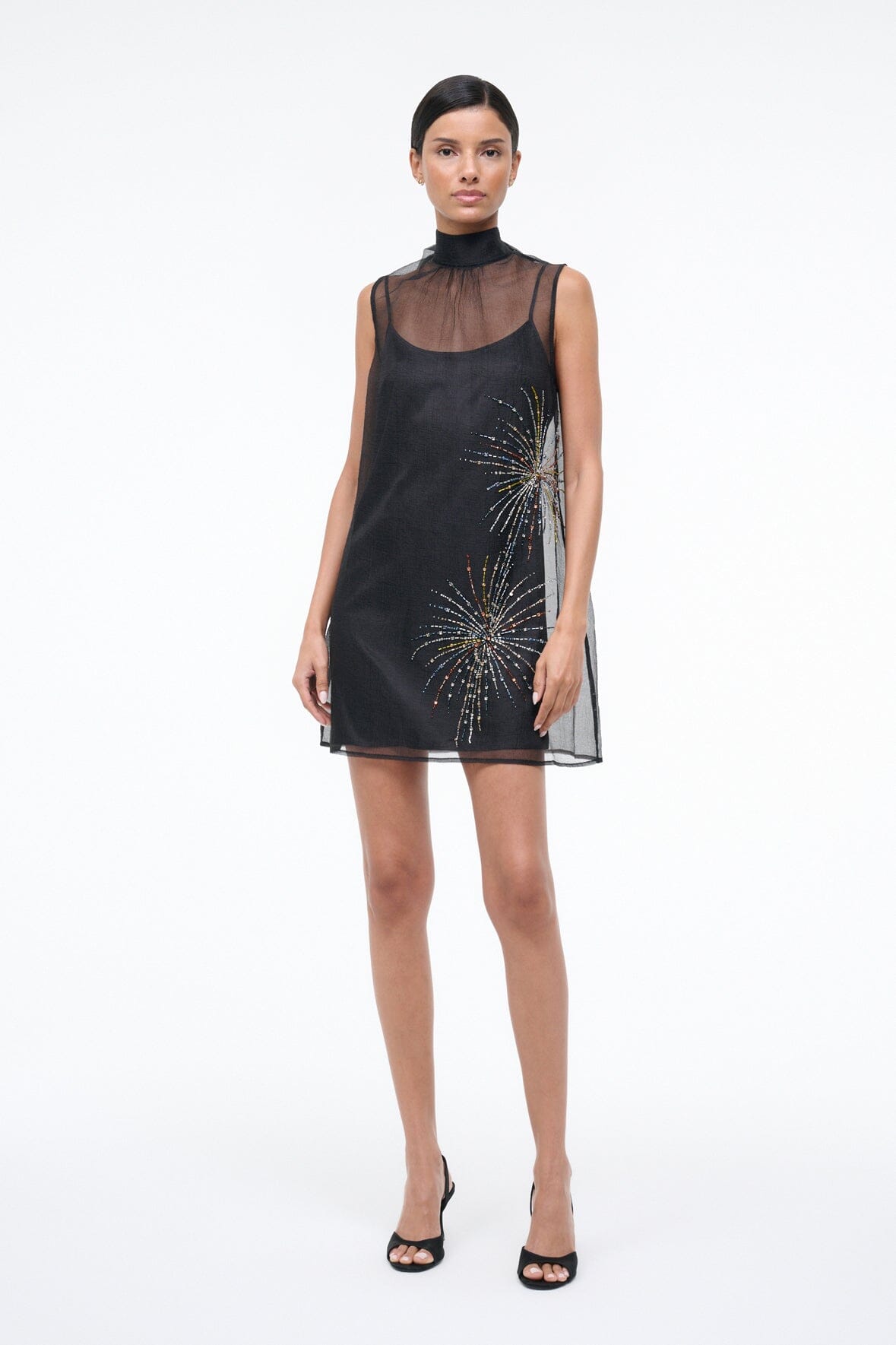 STAUD Sale Albee Mini Dress In Sheer Black Beaded Organza