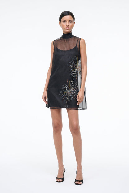 STAUD Sale Albee Mini Dress In Sheer Black Beaded Organza