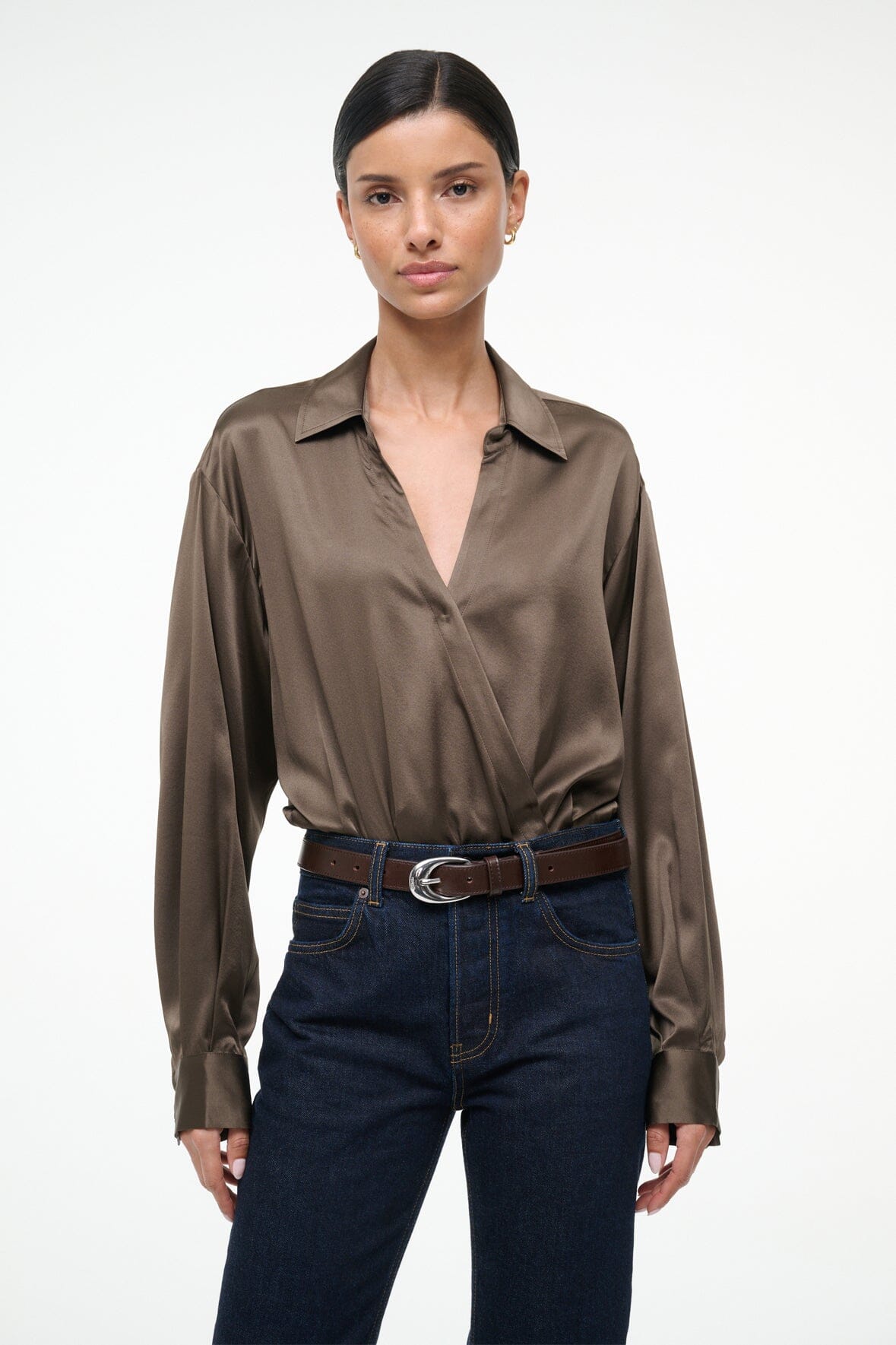 STAUD Sale Eve Silk Bodysuit Taupe