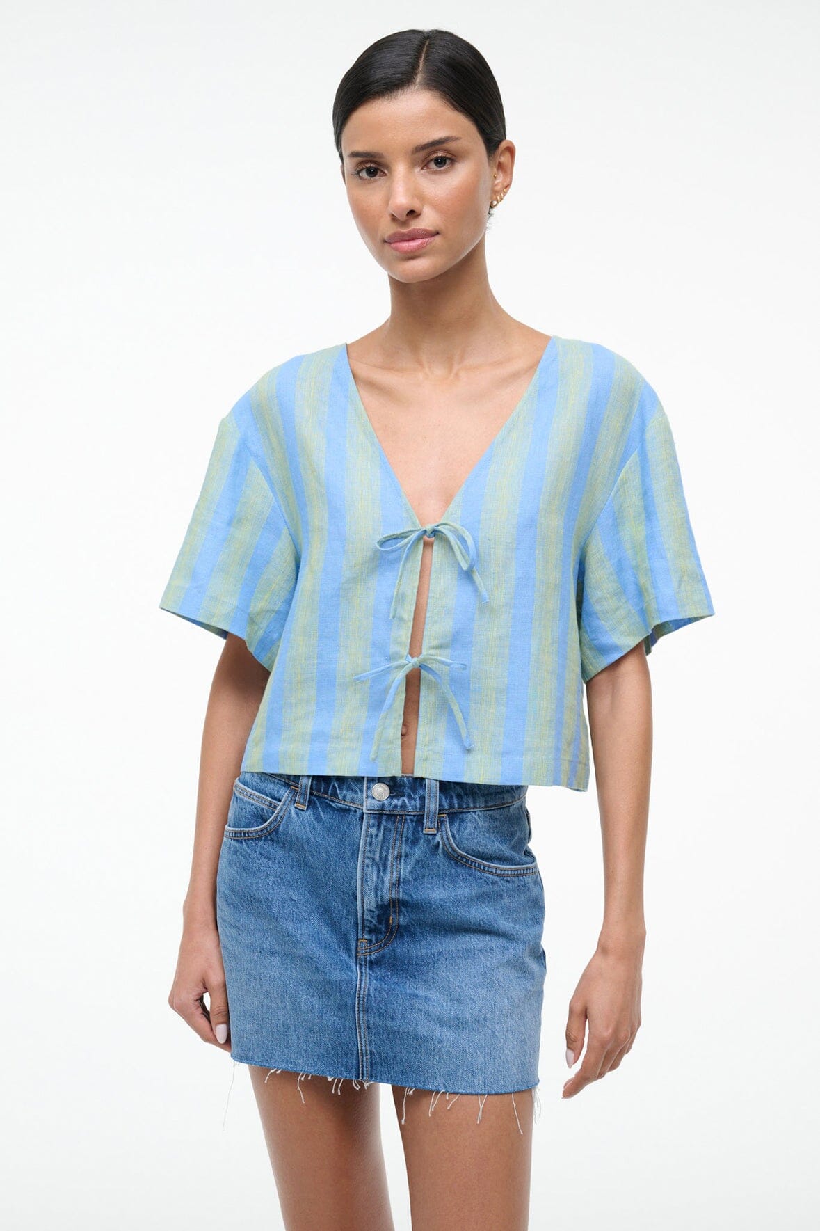 STAUD Sale Ava Linen Top Seaport Stripe
