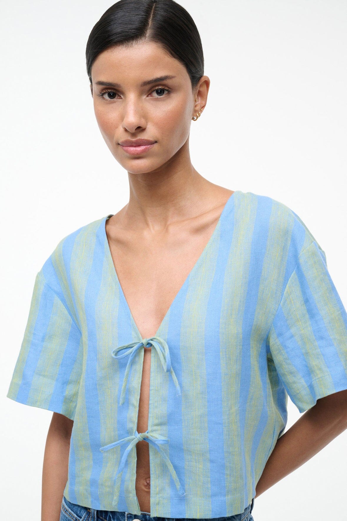 STAUD Sale Ava Linen Top Seaport Stripe